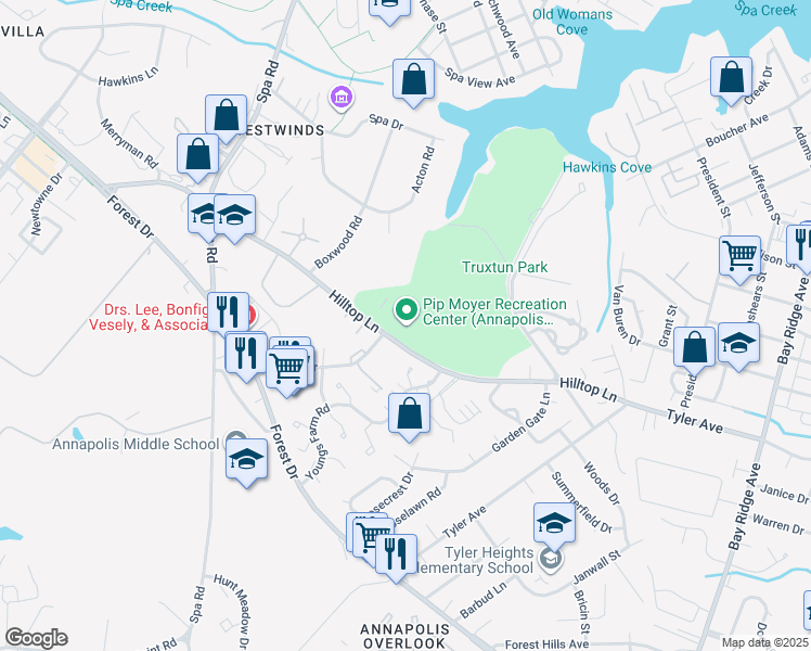 map of restaurants, bars, coffee shops, grocery stores, and more near 273 Hilltop Lane in Annapolis
