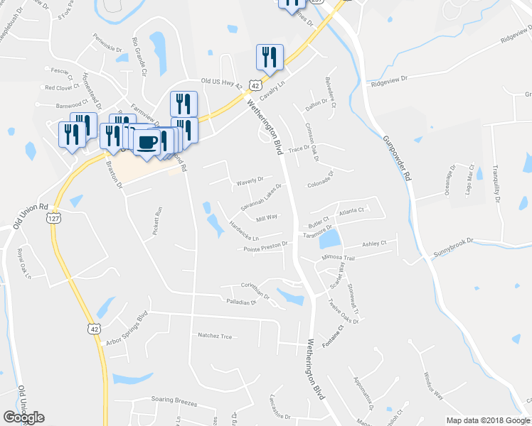 map of restaurants, bars, coffee shops, grocery stores, and more near 9224 Mill Way in Florence