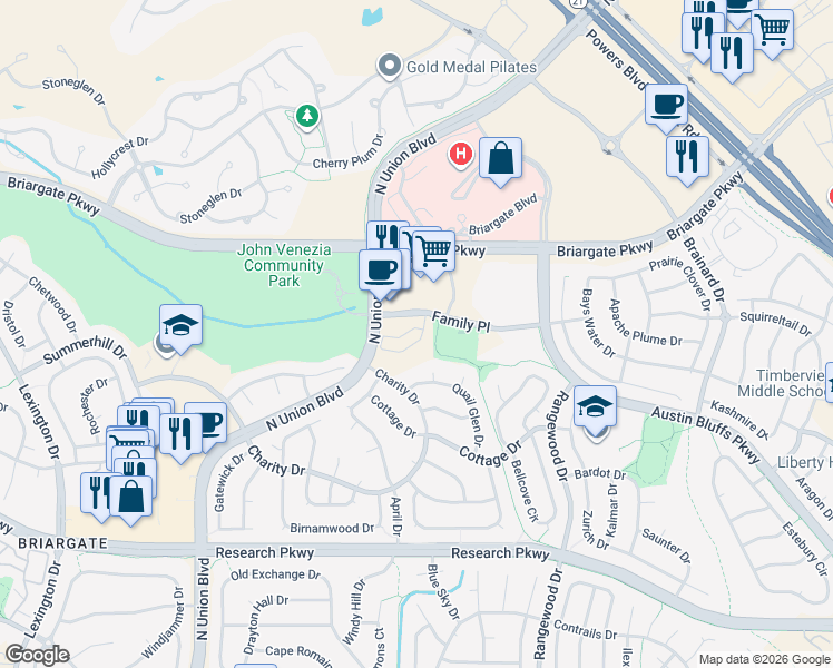 map of restaurants, bars, coffee shops, grocery stores, and more near 4700 Family Place in Colorado Springs