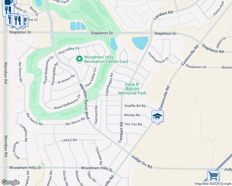 map of restaurants, bars, coffee shops, grocery stores, and more near 9184 Oakmont Road in Peyton