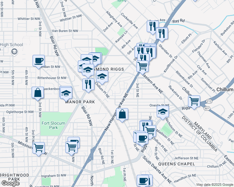 map of restaurants, bars, coffee shops, grocery stores, and more near McLean Place Northeast in Washington