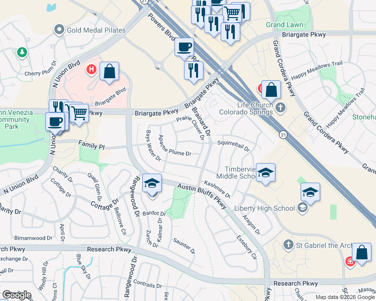 map of restaurants, bars, coffee shops, grocery stores, and more near 4338 Apache Plume Drive in Colorado Springs