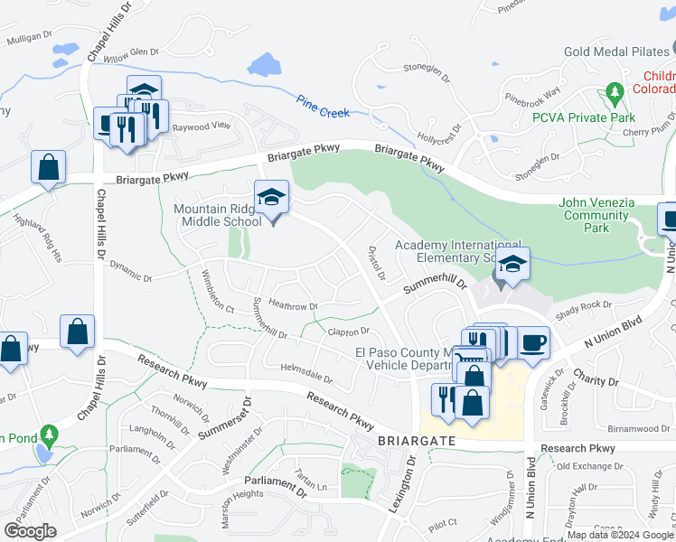 map of restaurants, bars, coffee shops, grocery stores, and more near 9020 Tuscany Way in Colorado Springs