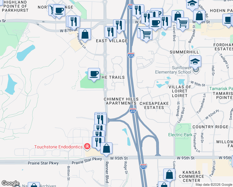 map of restaurants, bars, coffee shops, grocery stores, and more near 9105 Renner Boulevard in Lenexa