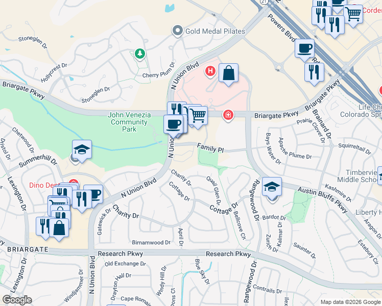 map of restaurants, bars, coffee shops, grocery stores, and more near 4700 Family Place in Colorado Springs