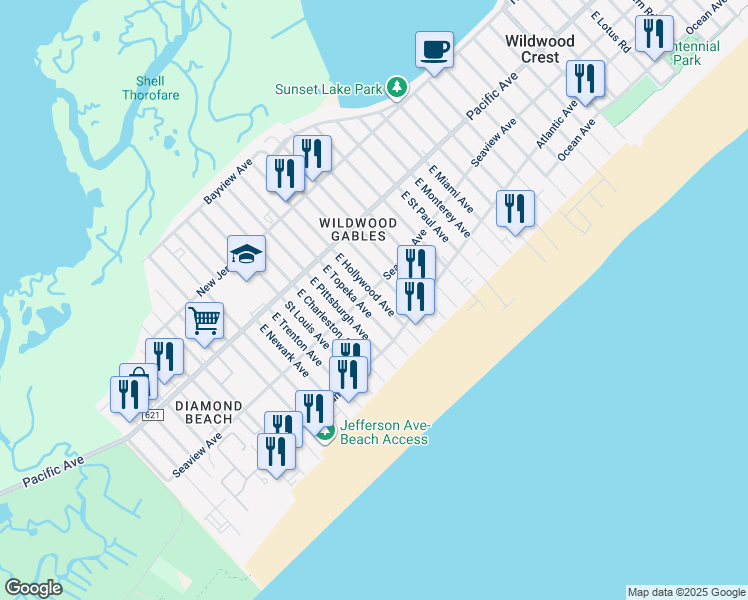 map of restaurants, bars, coffee shops, grocery stores, and more near 8604 Seaview Avenue in Wildwood Crest