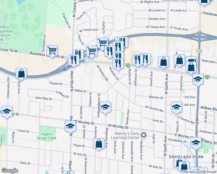 map of restaurants, bars, coffee shops, grocery stores, and more near 713 West Sexton Road in Columbia