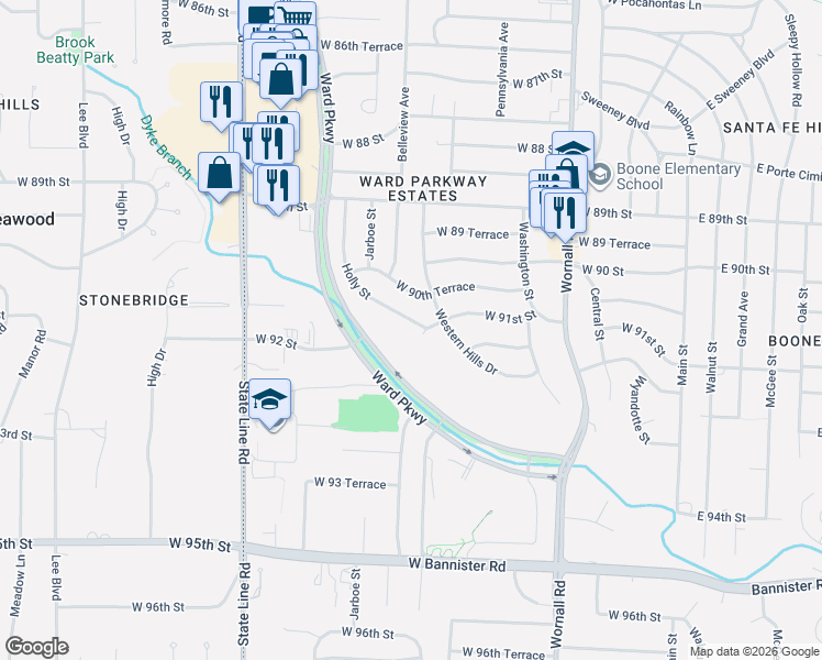 map of restaurants, bars, coffee shops, grocery stores, and more near 9037 Holly Street in Kansas City
