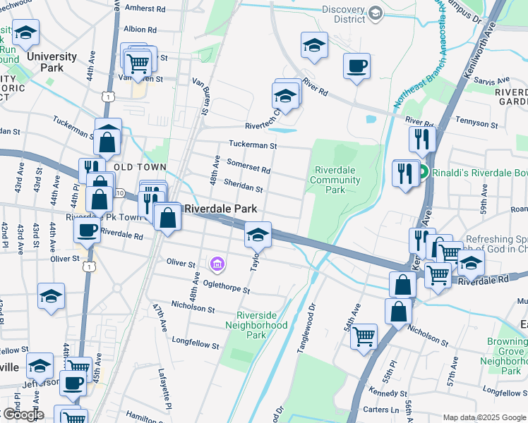 map of restaurants, bars, coffee shops, grocery stores, and more near Taylor Rd & Ravenswood Rd in Riverdale Park