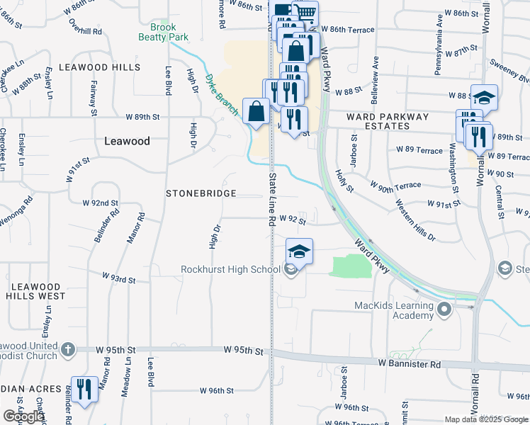 map of restaurants, bars, coffee shops, grocery stores, and more near 2000 West 92 Street in Leawood