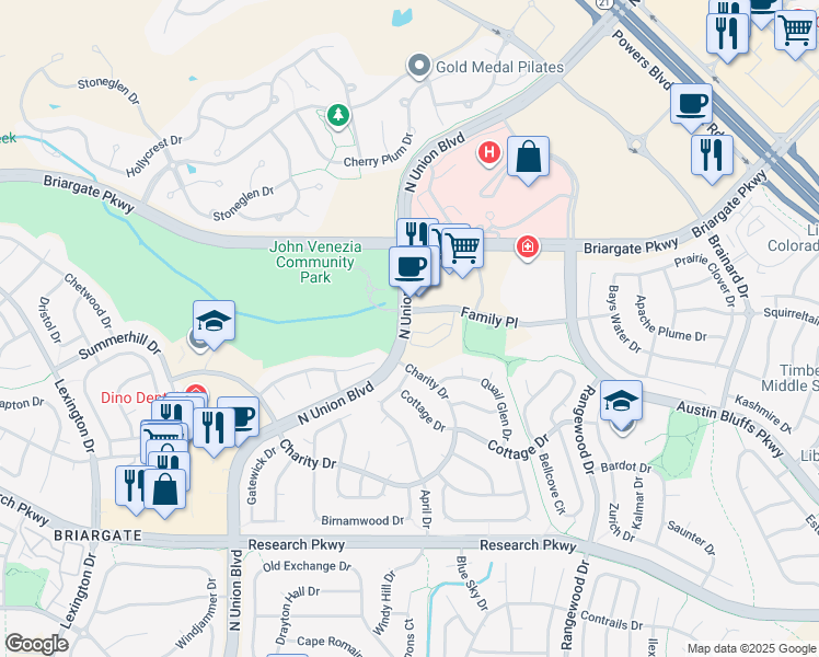 map of restaurants, bars, coffee shops, grocery stores, and more near Family Place in Colorado Springs