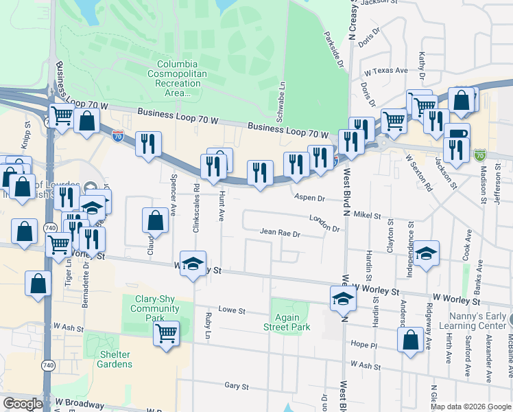 map of restaurants, bars, coffee shops, grocery stores, and more near 1300 Interstate 70 Dr SW in Columbia