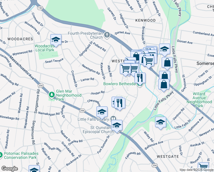 map of restaurants, bars, coffee shops, grocery stores, and more near 5407 Kirkwood Drive in Bethesda