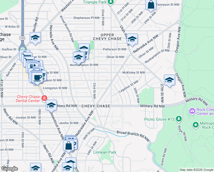 map of restaurants, bars, coffee shops, grocery stores, and more near 5500 Nebraska Avenue Northwest in Washington