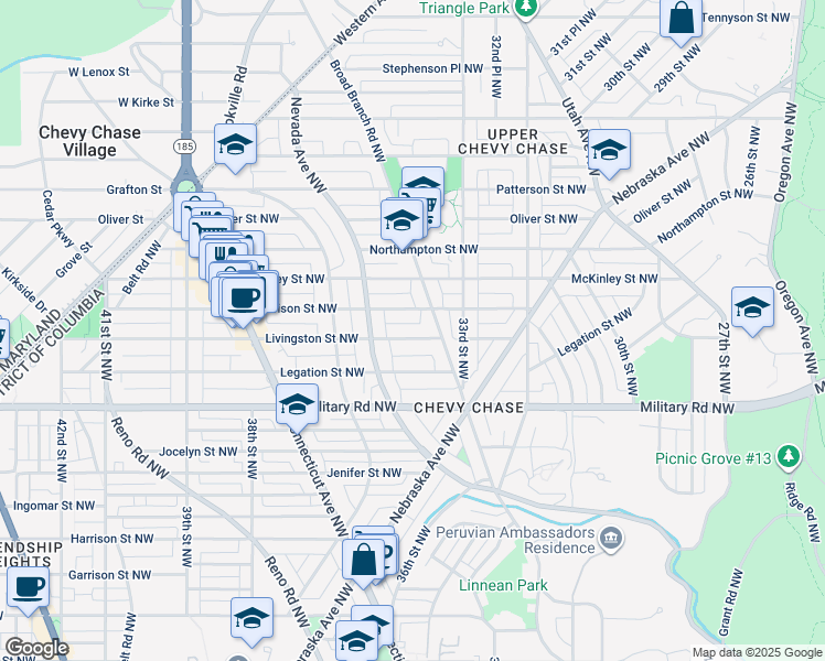 map of restaurants, bars, coffee shops, grocery stores, and more near 3503 1/2 Livingston Street Northwest in Washington