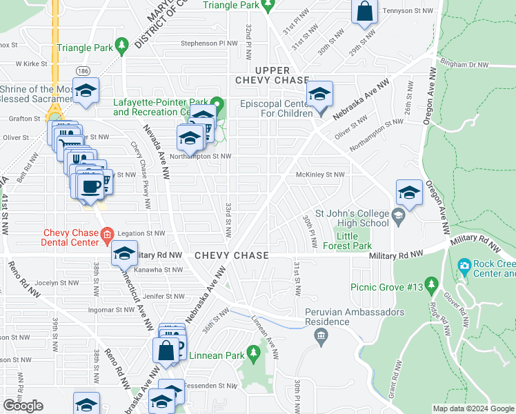 map of restaurants, bars, coffee shops, grocery stores, and more near 5500 Nebraska Avenue Northwest in Washington