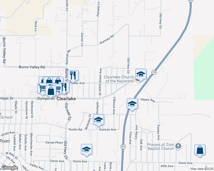 map of restaurants, bars, coffee shops, grocery stores, and more near in Clearlake