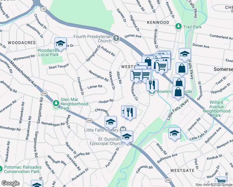 map of restaurants, bars, coffee shops, grocery stores, and more near 5407 Kirkwood Drive in Bethesda