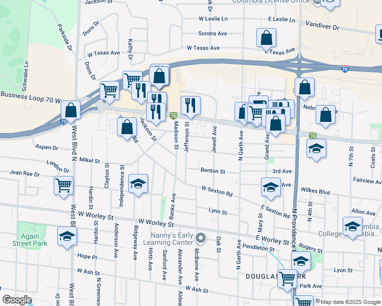map of restaurants, bars, coffee shops, grocery stores, and more near 1104 Jefferson Street in Columbia