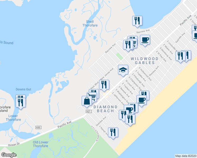 map of restaurants, bars, coffee shops, grocery stores, and more near 103 West Washington Avenue in Wildwood