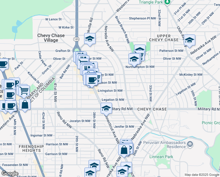 map of restaurants, bars, coffee shops, grocery stores, and more near 3711 Livingston Street Northwest in Washington