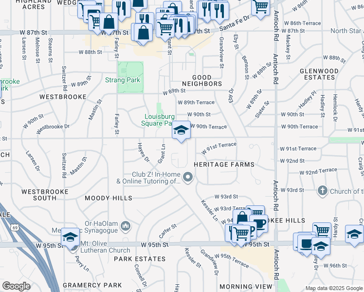 map of restaurants, bars, coffee shops, grocery stores, and more near 9501 West 91st Street in Overland Park
