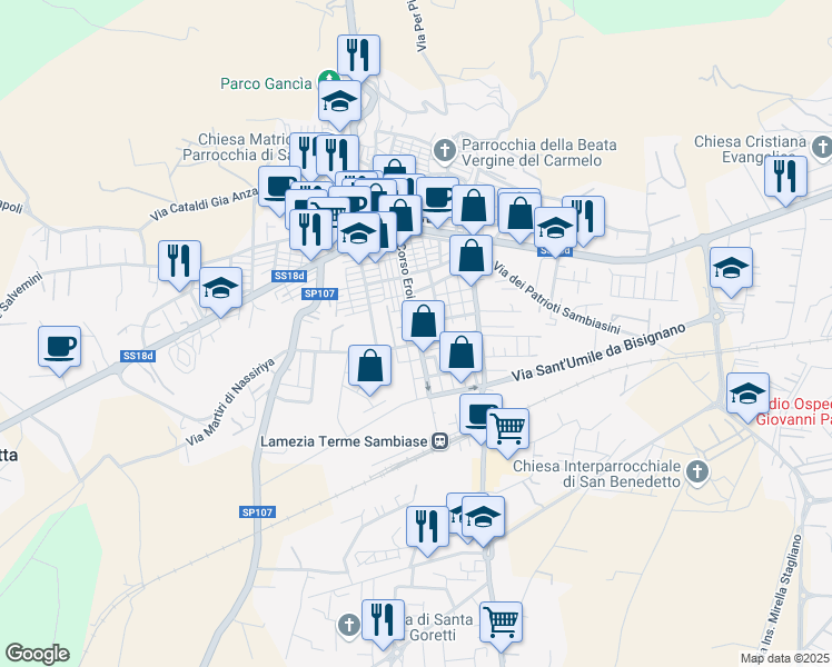 map of restaurants, bars, coffee shops, grocery stores, and more near 77 Corso Eroi di Sapri in Lamezia Terme