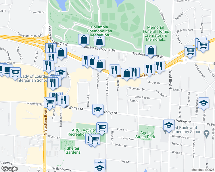 map of restaurants, bars, coffee shops, grocery stores, and more near 804 Clinkscales Road in Columbia