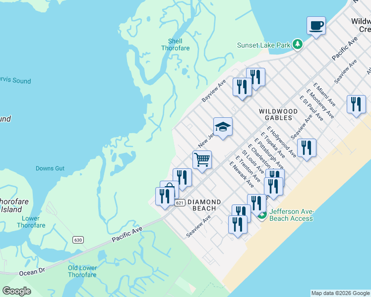 map of restaurants, bars, coffee shops, grocery stores, and more near 107 East Richmond Avenue in Wildwood Crest