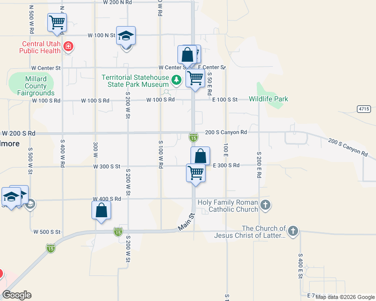 map of restaurants, bars, coffee shops, grocery stores, and more near 250 South Main Street in Fillmore
