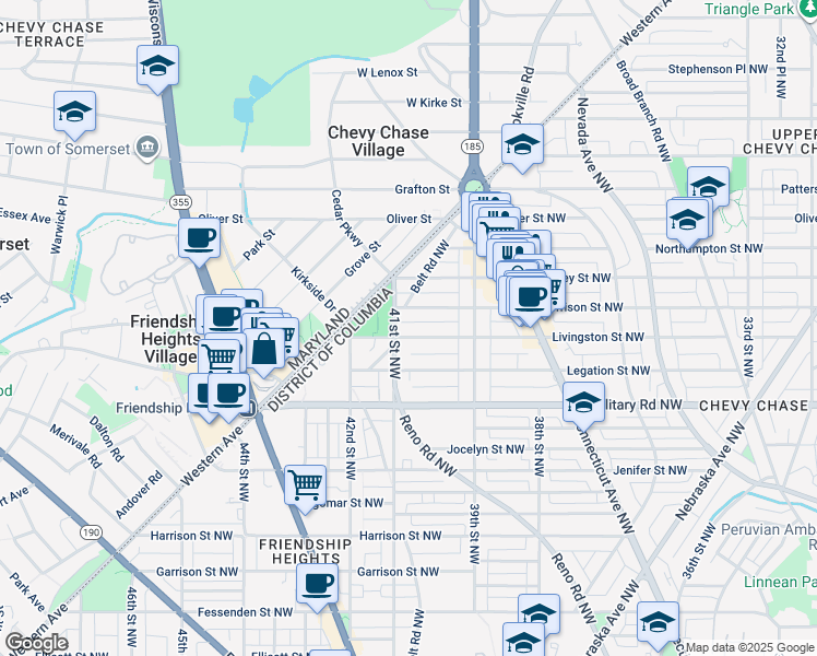 map of restaurants, bars, coffee shops, grocery stores, and more near 3939 Livingston Street Northwest in Washington
