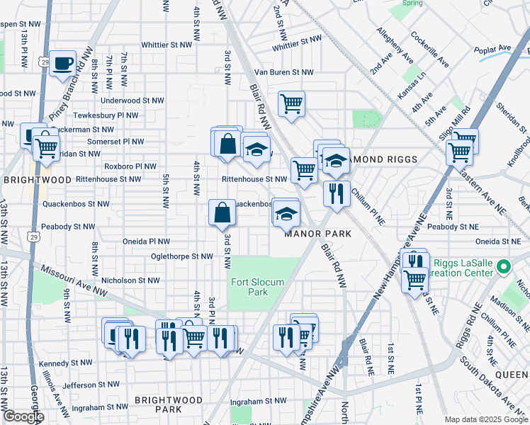 map of restaurants, bars, coffee shops, grocery stores, and more near 6018 2nd Street Northwest in Washington