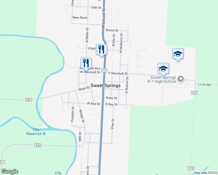 map of restaurants, bars, coffee shops, grocery stores, and more near 309-401 South Elm Street in Sweet Springs