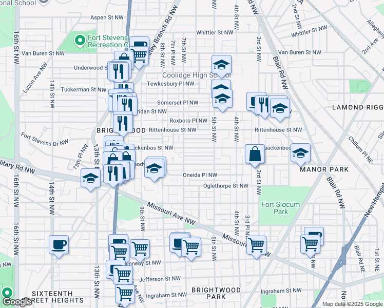 map of restaurants, bars, coffee shops, grocery stores, and more near 617 Powhatan Place Northwest in Washington