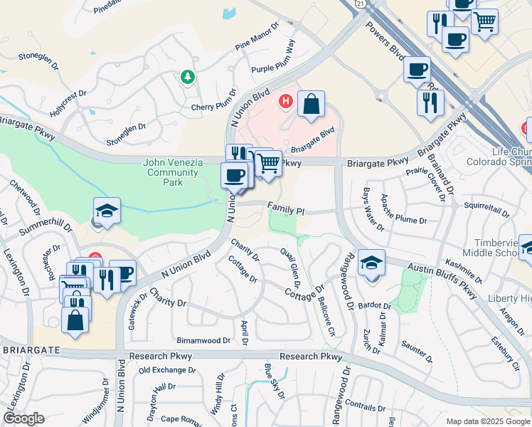 map of restaurants, bars, coffee shops, grocery stores, and more near 4700 Family Place in Colorado Springs