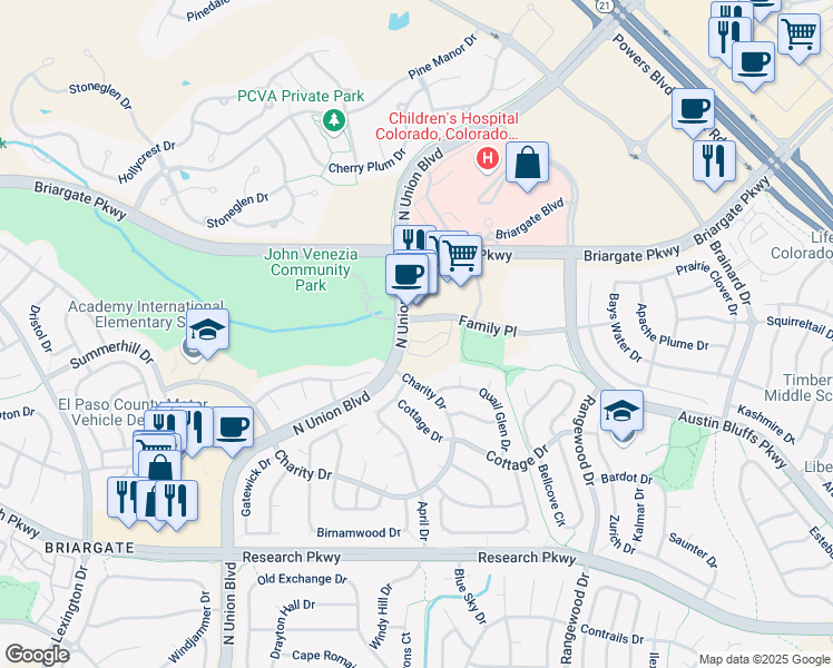 map of restaurants, bars, coffee shops, grocery stores, and more near 130 Family Place in Colorado Springs