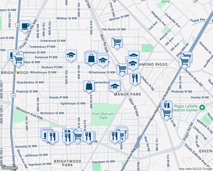 map of restaurants, bars, coffee shops, grocery stores, and more near 6018 2nd Street Northwest in Washington