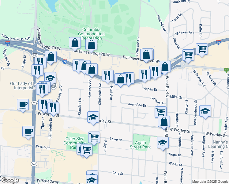 map of restaurants, bars, coffee shops, grocery stores, and more near 1410 Interstate 70 Drive Southwest in Columbia
