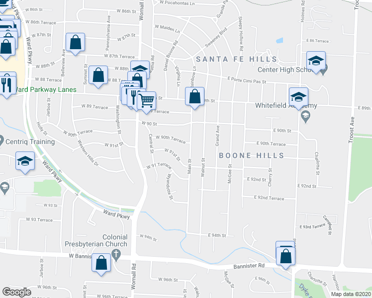 map of restaurants, bars, coffee shops, grocery stores, and more near 6 West 90th Terrace in Kansas City