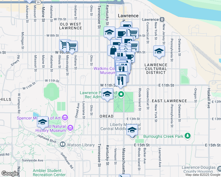 map of restaurants, bars, coffee shops, grocery stores, and more near 1045 Kentucky Street in Lawrence