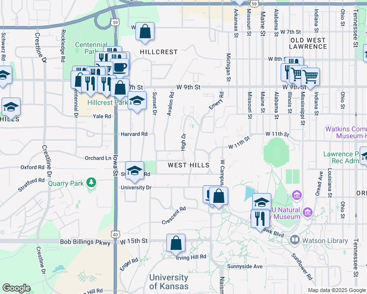 map of restaurants, bars, coffee shops, grocery stores, and more near 1000-1048 High Drive in Lawrence