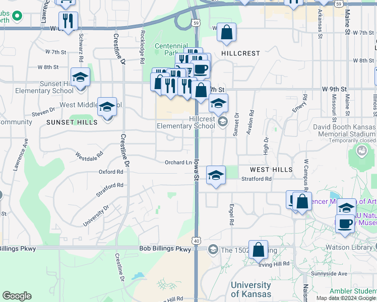 map of restaurants, bars, coffee shops, grocery stores, and more near in Lawrence