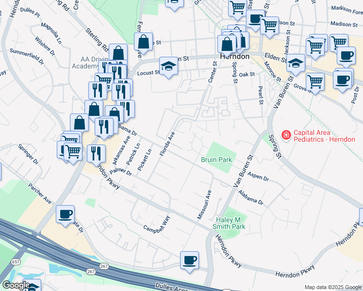 map of restaurants, bars, coffee shops, grocery stores, and more near 502 Florida Avenue in Herndon