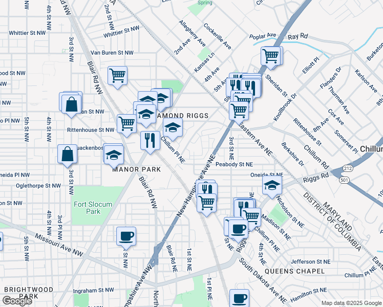 map of restaurants, bars, coffee shops, grocery stores, and more near 6002 McLean Place Northeast in Washington