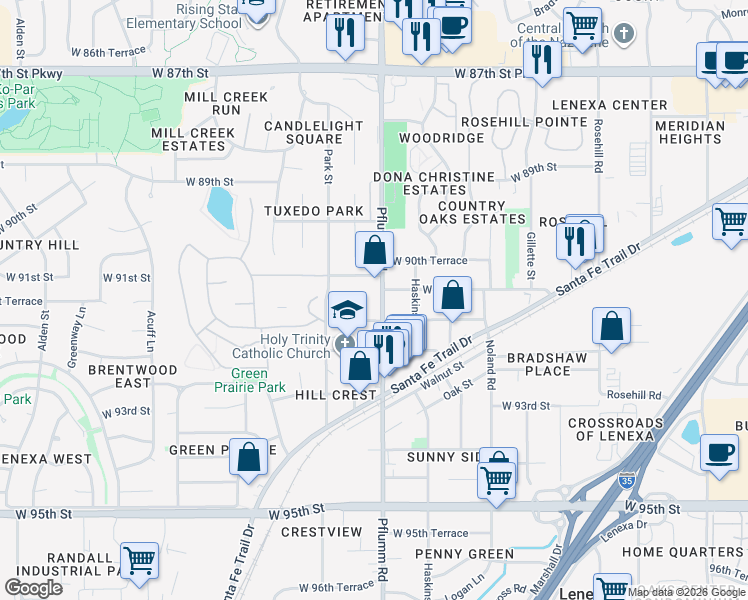 map of restaurants, bars, coffee shops, grocery stores, and more near 13513 West 90th Place in Lenexa