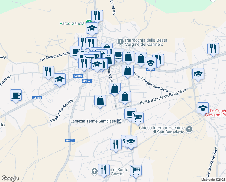 map of restaurants, bars, coffee shops, grocery stores, and more near 77 Via Eroi di Sapri in Lamezia Terme