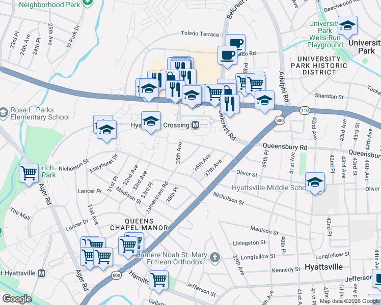 map of restaurants, bars, coffee shops, grocery stores, and more near 101 Independence Avenue Southeast in Washington