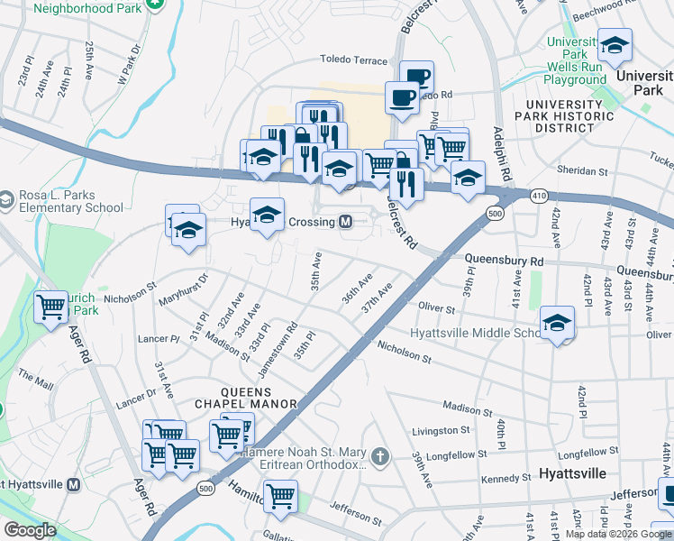 map of restaurants, bars, coffee shops, grocery stores, and more near 101 Independence Avenue Southeast in Washington