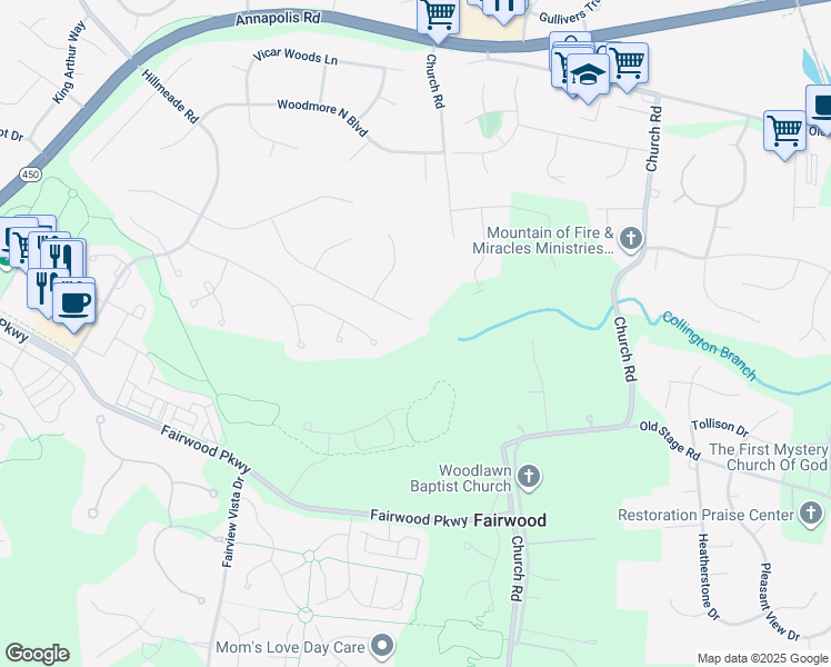 map of restaurants, bars, coffee shops, grocery stores, and more near 13309 Big Cedar Lane in Bowie