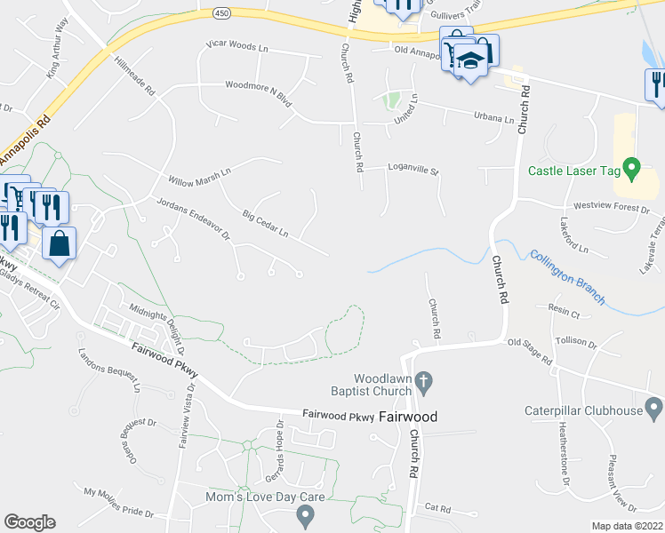 map of restaurants, bars, coffee shops, grocery stores, and more near 13309 Big Cedar Lane in Bowie